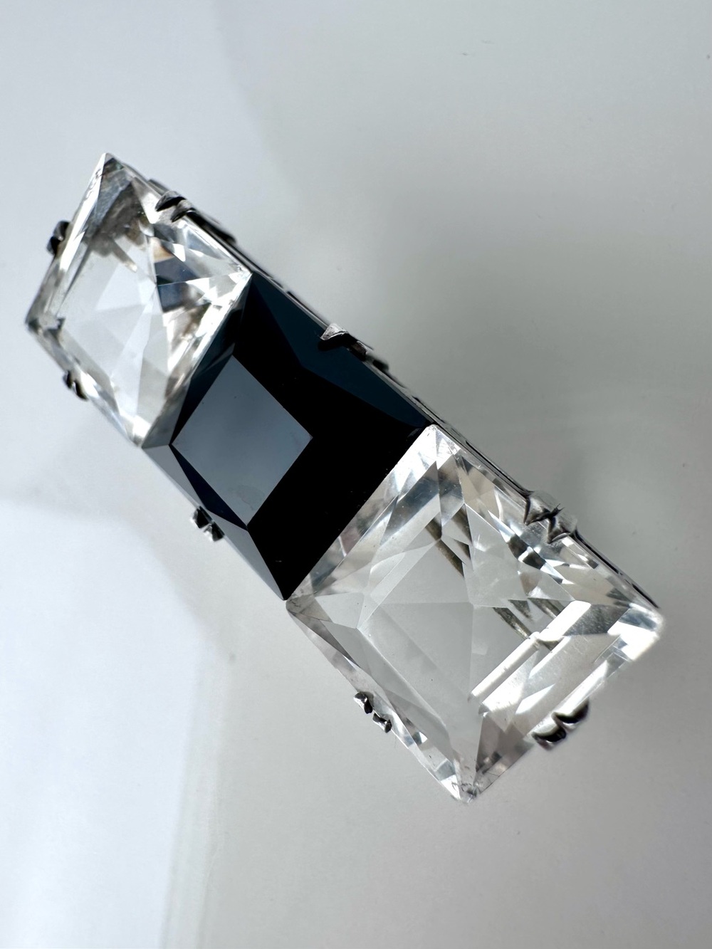 VTG Art Deco Sterling Silver Rock Crystal Quartz & Black Tourmaline Bar Brooch